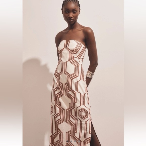 By Anthropologie Strapless Linen Plunge-neck MIDI Dress Size 14 NWT BROWN motif - Picture 5 of 17